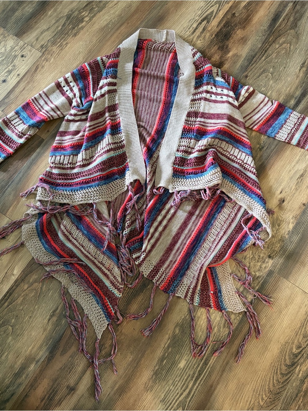 Open-Front Striped Fringe Knit Cardigan in Beige and Multicolor
